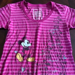Disney Store Pink Striped V Neck Mickey & Minnie Mouse Tee Shirt Small